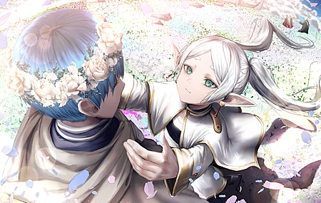 白发 长发 短发 蓝头发 绿眼睛 动漫 尖耳朵 花冠 动漫女孩 阳光 耳环 动漫男孩 花朵 花瓣 云 风 田野  电脑壁纸 4K壁纸