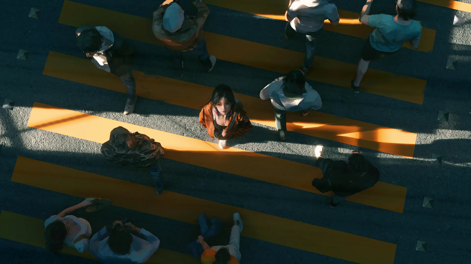 WLOP 女人 看观众 黑发 长发 数字艺术 艺术品 插图 数字绘画 街道 人行横道 鸟瞰图 阳光  电脑壁纸 4K壁纸