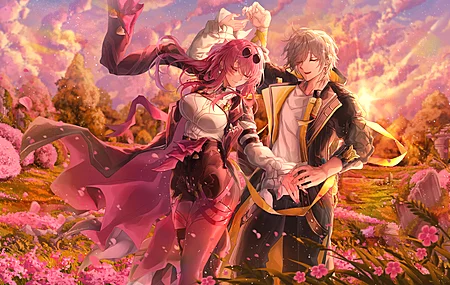 闭着眼睛 微笑 长发 动漫 动漫男孩 动漫女孩 舞蹈 天空 花瓣 云 花朵 叶子 阳光 日落  电脑壁纸 4K壁纸