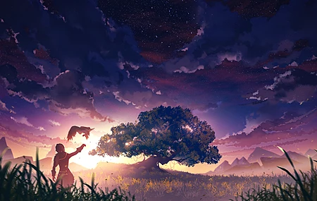 原神 艺术品 动漫 动漫男孩 树木 田野 草 日落 星空 天空 云 树叶 夕阳 阳光 游戏 电脑壁纸 4K壁纸