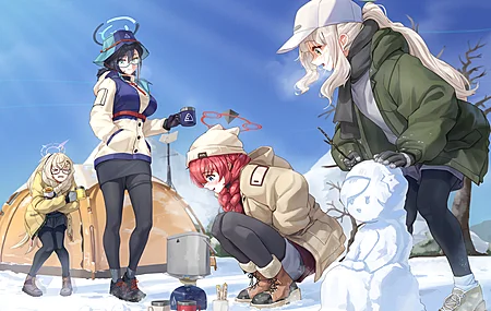 微笑 户外 女人 长发 马尾辫 艺术家 头发 雪人 连裤袜 夹克 围巾 天空 长袖 雪 云 帽子 饮料 食物 帐篷 兜帽 露营 短裤 蔚蓝档案 电脑壁纸 4K壁纸