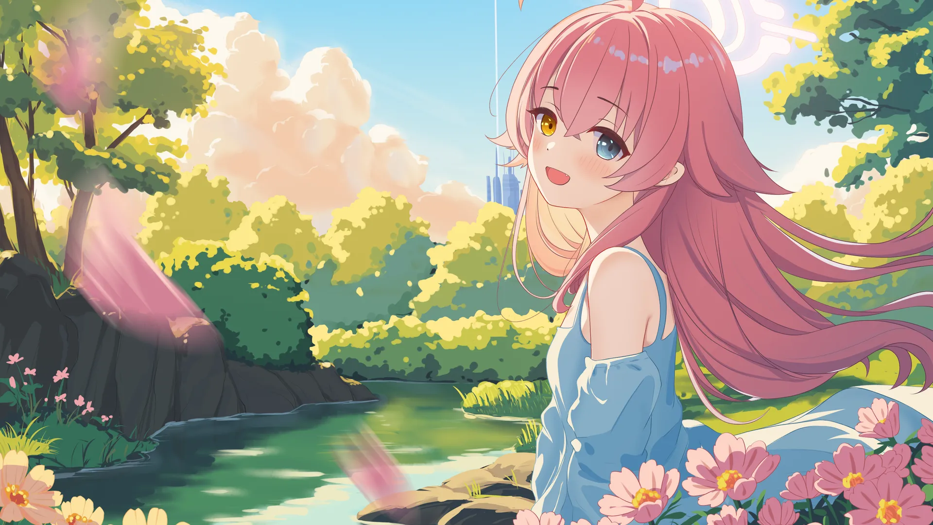 长发 异瞳 头发 站立 肩膀 动漫 动漫女孩 水 风 花 树 脸红 蔚蓝档案 电脑壁纸 4K壁纸