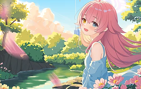 长发 异瞳 头发 站立 肩膀 动漫 动漫女孩 水 风 花 树 脸红 蔚蓝档案 电脑壁纸 4K壁纸