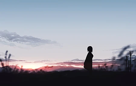 飘逸 短发 站立 数字艺术 艺术品 剪影 动漫女孩 日落 夕阳 阳光 云 天空 动漫  电脑壁纸 4K壁纸
