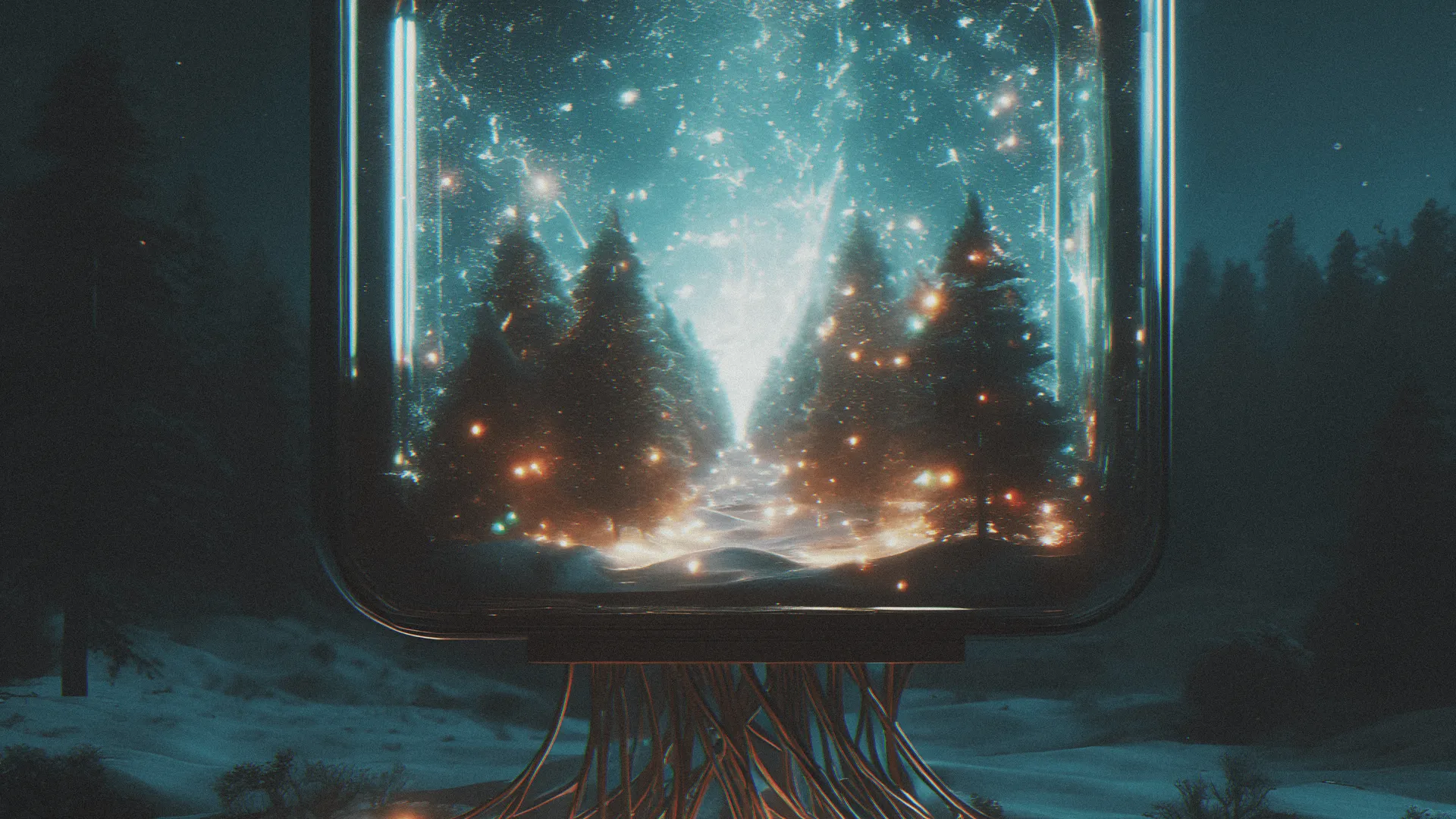 玻璃 灯 森林 夜 电视 透明度 雪 数字艺术 天空 星星 树木  4K壁纸 手机壁纸