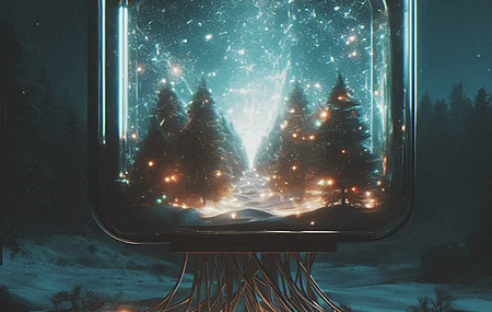 玻璃 灯 森林 夜 电视 透明度 雪 数字艺术 天空 星星 树木  4K壁纸 手机壁纸