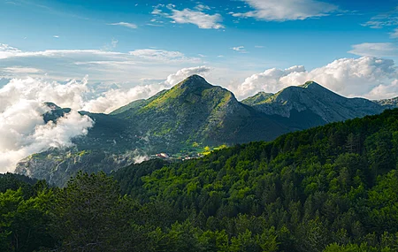 自然 风景 树木 云 天空 村庄 房屋 山脉 森林 黑山 空间  电脑壁纸 4K壁纸