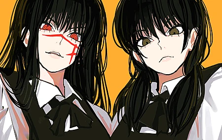 赛伦 长发 电锯人 动漫女孩 动漫 黑发 橙色背景 简单背景 极简主义  电脑壁纸 4K壁纸