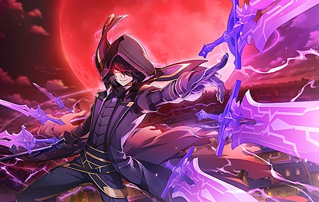 微笑 眼睛 动漫 阴影 动漫男孩 兜帽 剑 天空 云 闪电  电脑壁纸 4K壁纸