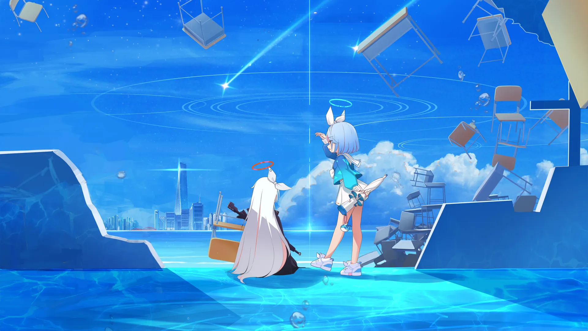 女学生 女孩 短发 长发 蓝色档案 光环 水手制服 动漫女孩 动漫游戏 云 校服 椅子 萝莉   电脑壁纸 4K壁纸