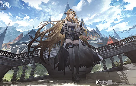 长发 金发 蓝眼睛 女人 飘扬 动漫 动漫女孩 骑 天空 云 建筑 山 阳光  电脑壁纸 4K壁纸