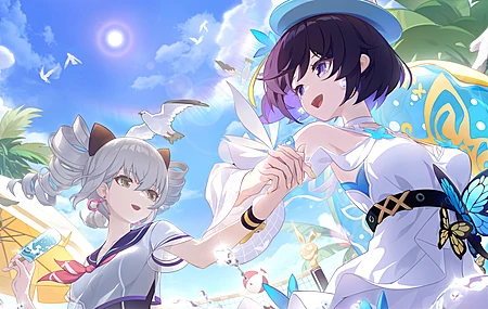 牵着手 紫色 头发  户外 女性 动漫女孩 白色 连衣裙 天空 棕榈树 蝴蝶 紫色眼睛 灰色头发 灰色眼睛 海滩  电脑壁纸 8K壁纸