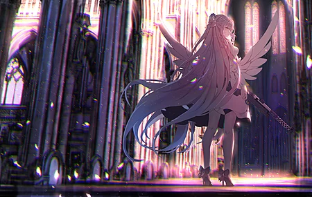 发髻 站立 女孩 粉色头发 动漫 动漫女孩 蓝色档案 翅膀 高跟鞋 枪 黄眼睛 花瓣 阳光 大教堂  电脑壁纸 4K壁纸