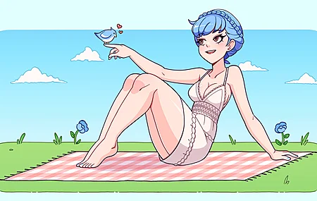 蓝色头发 辫子 刘海 赤脚 大腿 游戏 女孩 彩绘 指甲 任天堂 动物 鸟类 蓝色花 毯子 毯子 野餐 云 白色 连衣裙 太阳裙 棕色眼睛 心形  电脑壁纸 4K壁纸