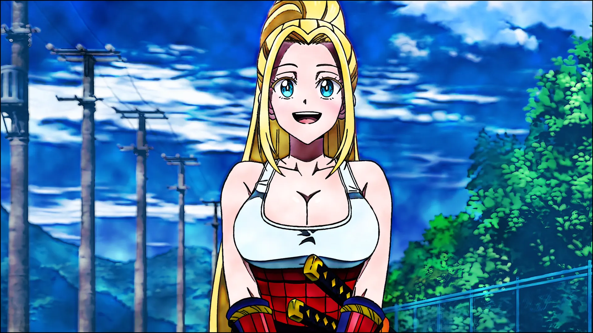 长发 金发 蓝眼睛 女人 动漫女孩 云 天空 武士刀  电脑壁纸 4K壁纸