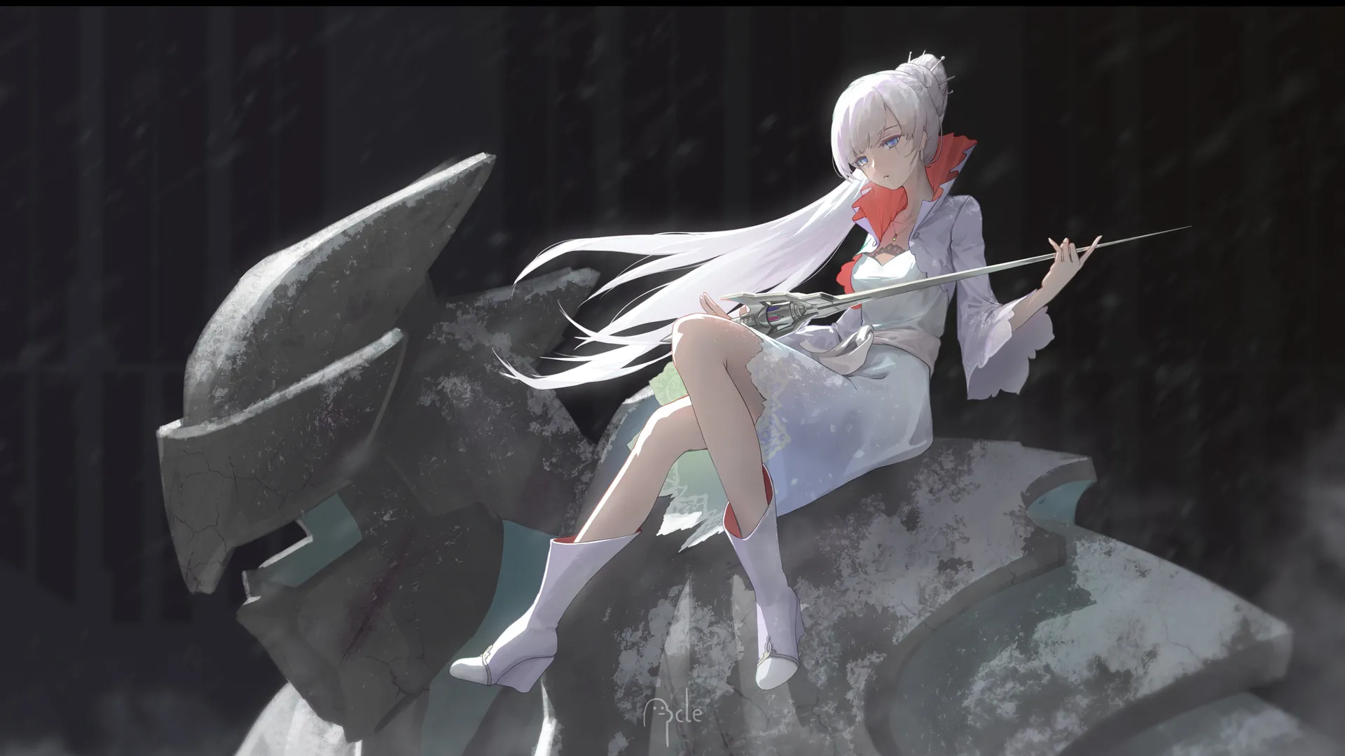 长发 马尾辫 白发 蓝眼睛 动漫 动漫女孩 剑 极简主义 项链 靴子 连衣裙  电脑壁纸 4K壁纸