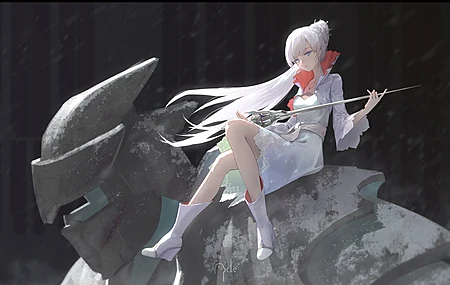 长发 马尾辫 白发 蓝眼睛 动漫 动漫女孩 剑 极简主义 项链 靴子 连衣裙  电脑壁纸 4K壁纸