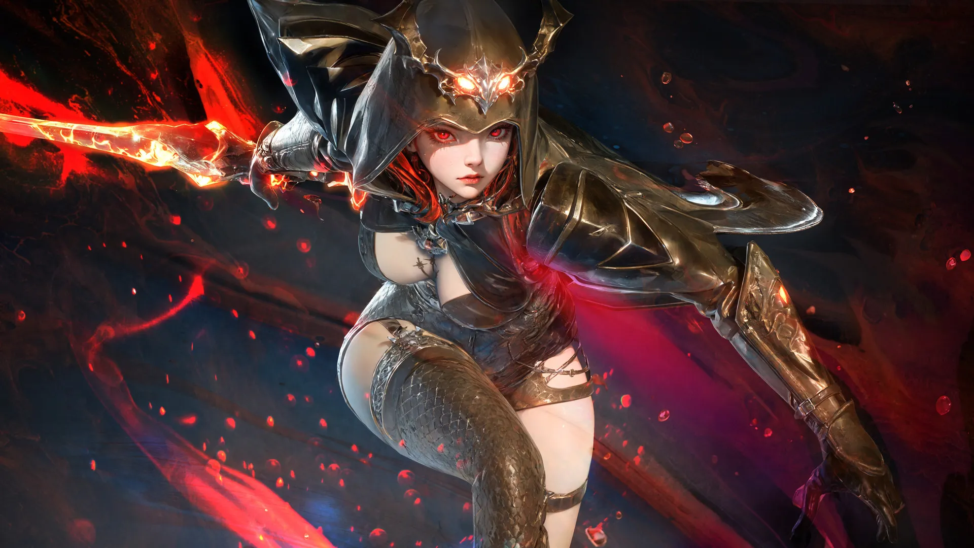 战士 幻想女孩 红发 女人 绘画 兜帽 幻想艺术 数字艺术 火 武器 盔甲  电脑壁纸 4K壁纸