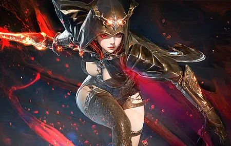 战士 幻想女孩 红发 女人 绘画 兜帽 幻想艺术 数字艺术 火 武器 盔甲  电脑壁纸 4K壁纸