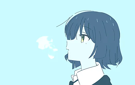 蓝色头发 短发 动漫 蓝色背景 简单背景 极简主义 黄眼睛 动漫女孩  电脑壁纸 8K壁纸