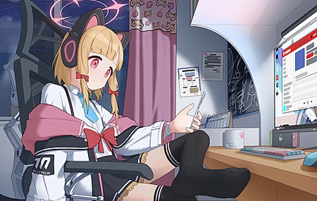 金发 女郎 猫女 室内 微笑 女学生 蓝色档案 动漫 游戏 动漫女孩 校服 猫耳朵 耳机 猫尾巴 室内 窗户 电脑 键盘 袜子  电脑壁纸 4K壁纸