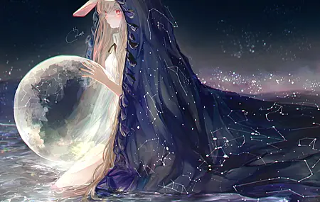 金发 长发 红色眼睛 动漫 动漫女孩 行星 兔耳朵 水中 太空 星星 斗篷 奇幻艺术  电脑壁纸 4K壁纸