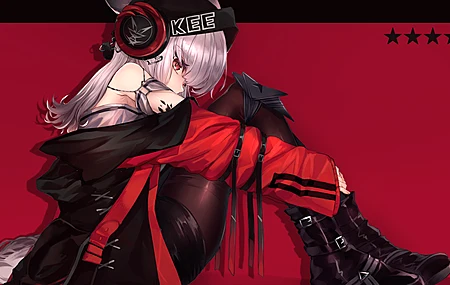  红眼睛 抱膝 动漫 动漫女孩 AI艺术 肖像 红色背景 兽耳 尾巴 耳机 银发 明日方舟 明日方舟 连裤袜  电脑壁纸 4K壁纸