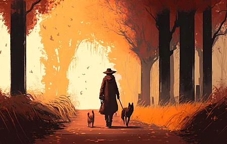 艺术 橙色 插图 狗 秋天 路径 动物 树木  4K壁纸