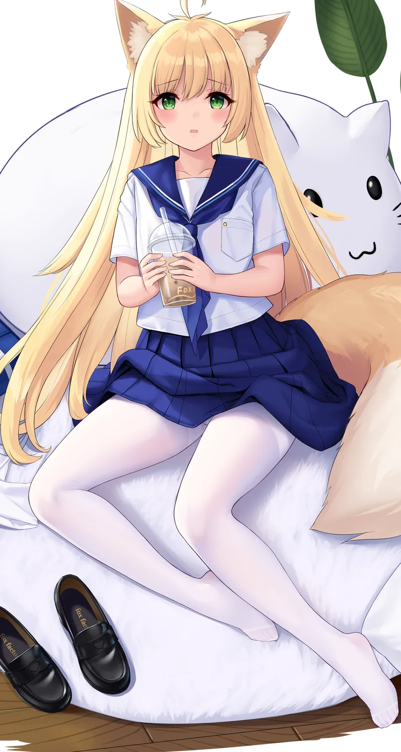 金发 绿眼睛 艾伦 动漫 动漫女孩 AI艺术 校服 连裤袜 兽耳 尾巴 狐狸女孩 狐女  手机壁纸 4K壁纸