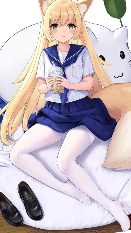 金发 绿眼睛 艾伦 动漫 动漫女孩 AI艺术 校服 连裤袜 兽耳 尾巴 狐狸女孩 狐女  手机壁纸 4K壁纸