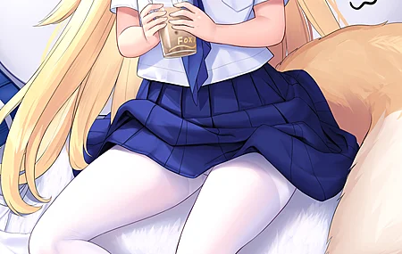 金发 绿眼睛 艾伦 动漫 动漫女孩 AI艺术 校服 连裤袜 兽耳 尾巴 狐狸女孩 狐女  手机壁纸 4K壁纸