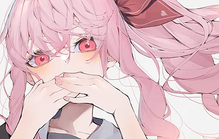 粉色头发 粉色眼睛 长发 动漫 动漫女孩 脸红 背景简单 白色背景 极简主义 遮脸  4K壁纸