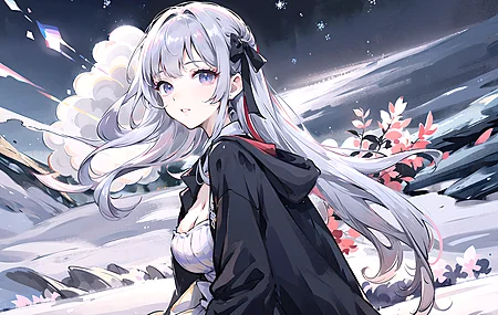 长发 艺术 银发 动漫女孩 雪 花瓣 紫色 眼睛 山  4K壁纸