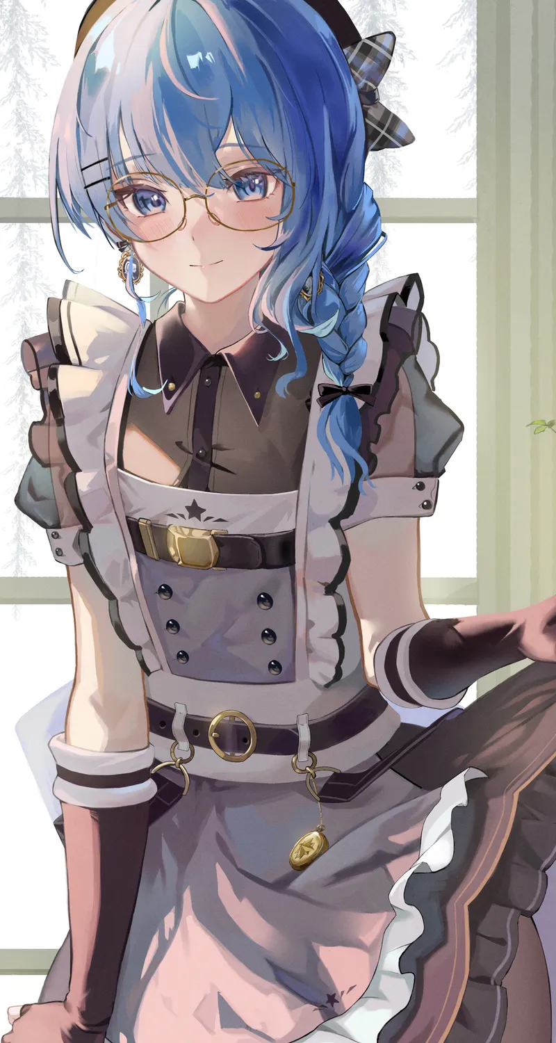 礼服 蓝头发 蓝眼睛 辫子 微笑 女仆 动漫女孩 女佣服装 眼镜  手机壁纸 4K壁纸