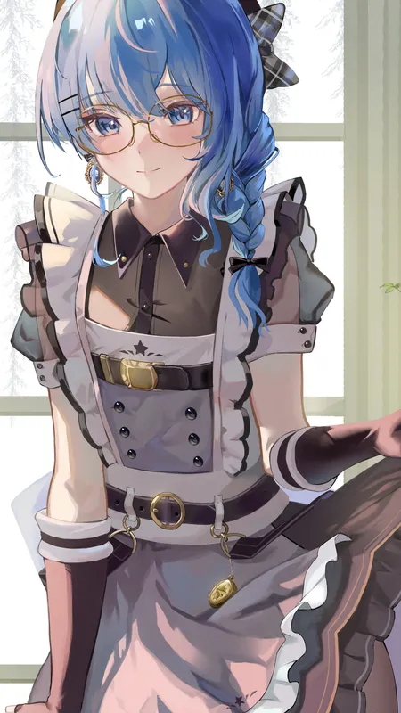礼服 蓝头发 蓝眼睛 辫子 微笑 女仆 动漫女孩 女佣服装 眼镜  手机壁纸 4K壁纸