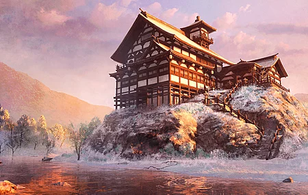 AI艺术 数字绘画 建筑 日落 森林 雪 河流  4K壁纸