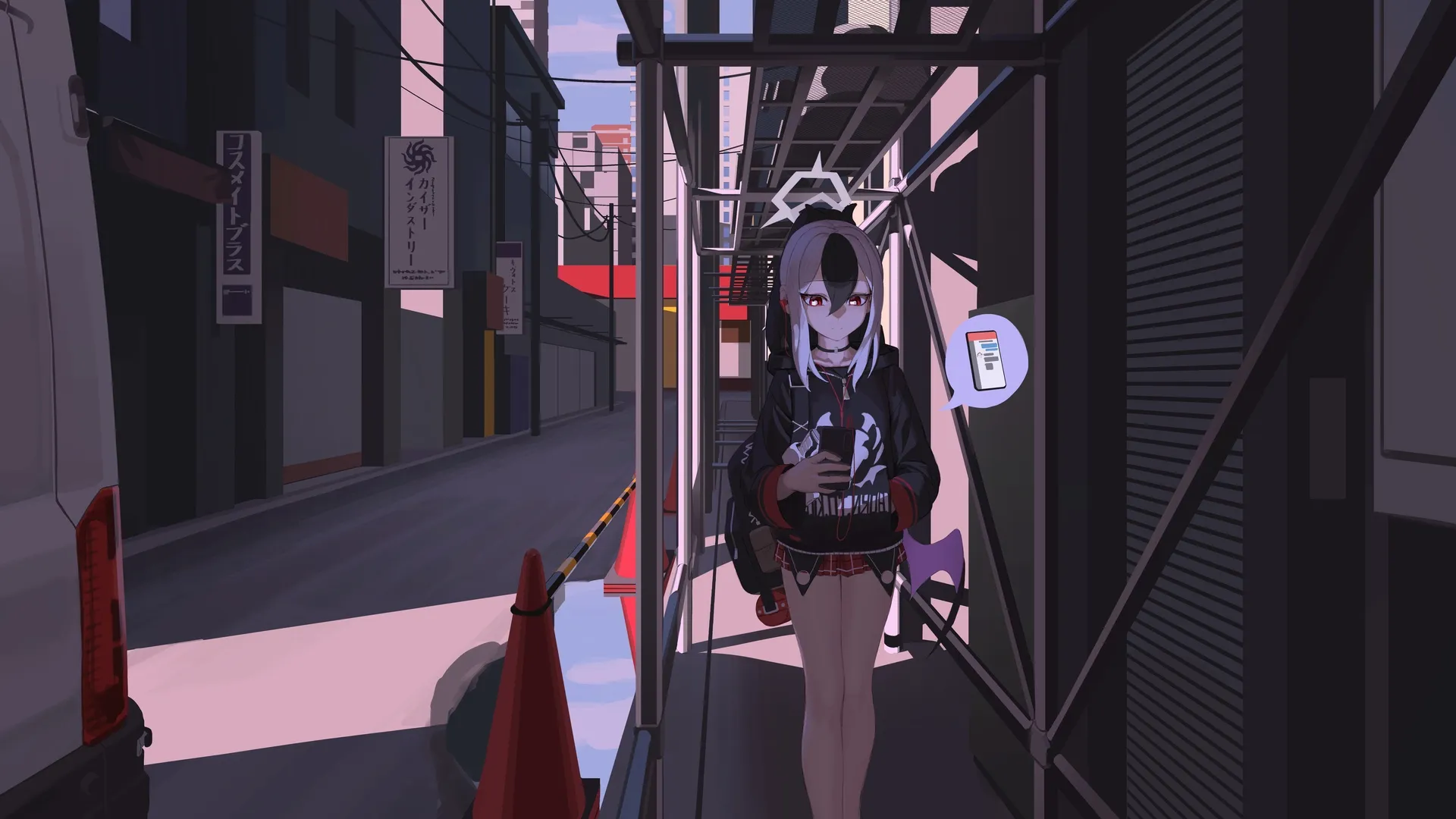 女学生 红眼 站立 微笑 长发 马尾辫 蓝色档案馆 动漫女孩 城市 裙子 动漫女孩 建筑  阳光 校服  8K壁纸