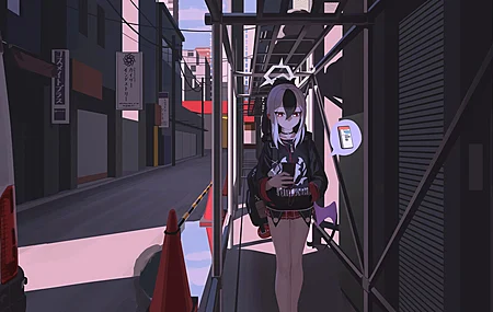 女学生 红眼 站立 微笑 长发 马尾辫 蓝色档案馆 动漫女孩 城市 裙子 动漫女孩 建筑  阳光 校服  8K壁纸