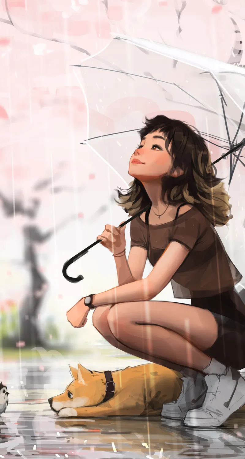 蹲着 笑着 短发女孩 雨中女孩 樱花 雨伞 狗 雨 鸟 花瓣 动物 倒影 AI艺术 手机壁纸 4K壁纸