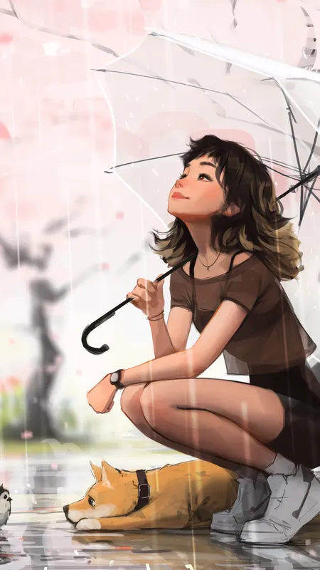 蹲着 笑着 短发女孩 雨中女孩 樱花 雨伞 狗 雨 鸟 花瓣 动物 倒影 AI艺术 手机壁纸 4K壁纸