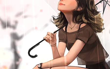 蹲着 笑着 短发女孩 雨中女孩 樱花 雨伞 狗 雨 鸟 花瓣 动物 倒影 AI艺术 手机壁纸 4K壁纸