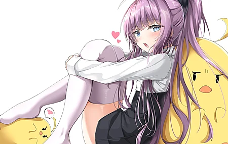 紫色的头发 长发 蓝眼睛 马尾辫 抱膝 动漫女孩 4K壁纸