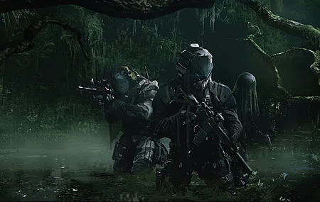 游戏CG人物 侦察 装甲 沼泽 突击步枪 灌木丛  4K壁纸