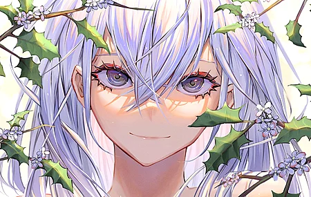  原创人物 微笑 白发 动漫女孩 树叶 树枝 花 4K壁纸