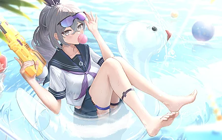 电子游戏女孩 女学生 动漫女孩 银狼 泳池 校服 水枪 泡泡糖  户外 4K壁纸