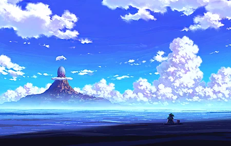 动漫女孩 山 云 天空  4K壁纸