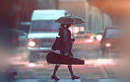动漫 动漫女孩 雨伞 雨 AI艺术 人行横道  4K壁纸