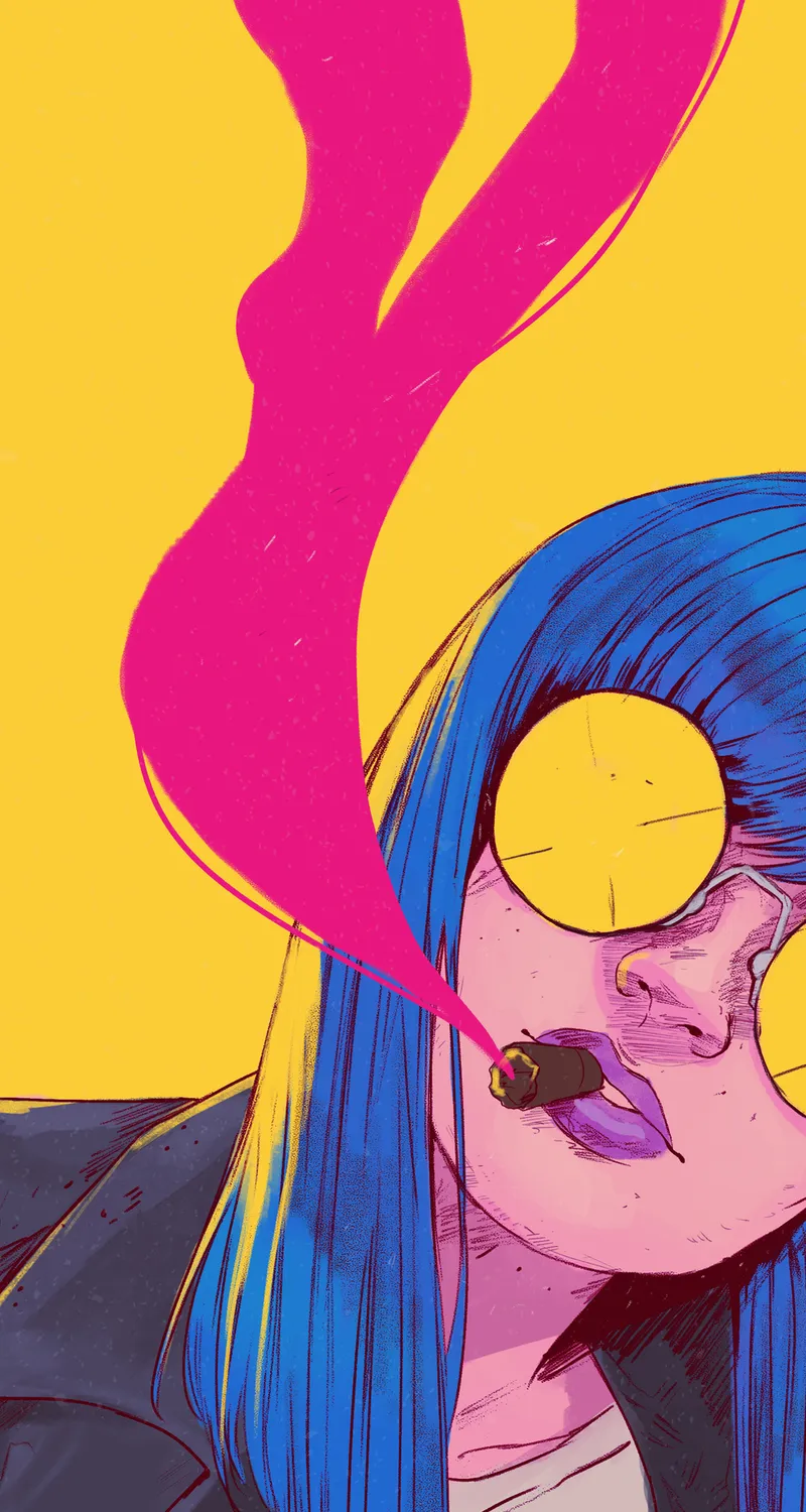 女人 蓝色头发 简单背景 黄色背景 绘画 插图 太阳镜 极简主义 手机壁纸 4K壁纸