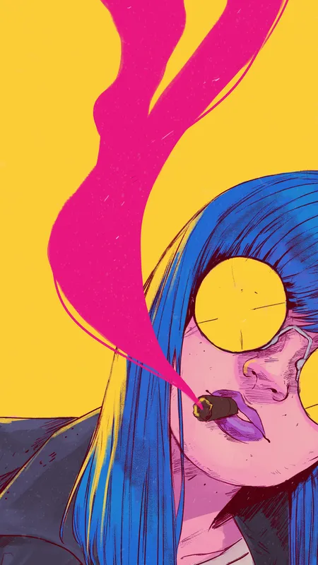 女人 蓝色头发 简单背景 黄色背景 绘画 插图 太阳镜 极简主义 手机壁纸 4K壁纸
