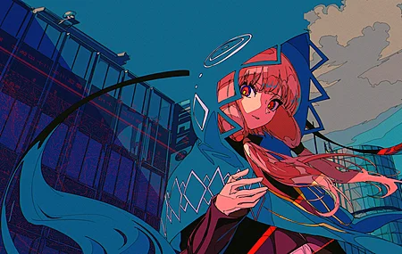 长发 动漫 动漫女孩 双尾 天空 云 建筑  4K壁纸
